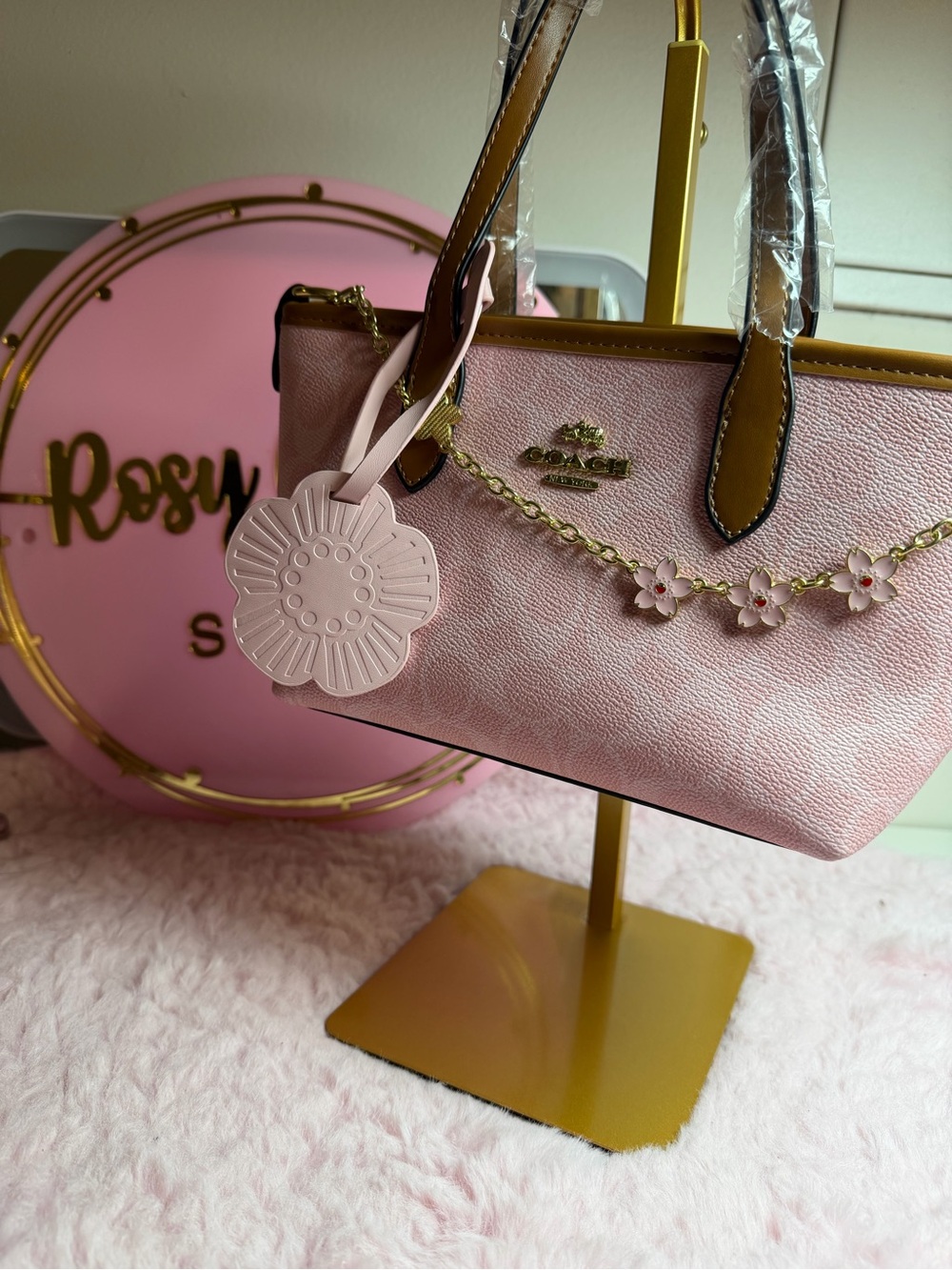 Coach Pink Floral Charm Mini Tote with Gold Accents